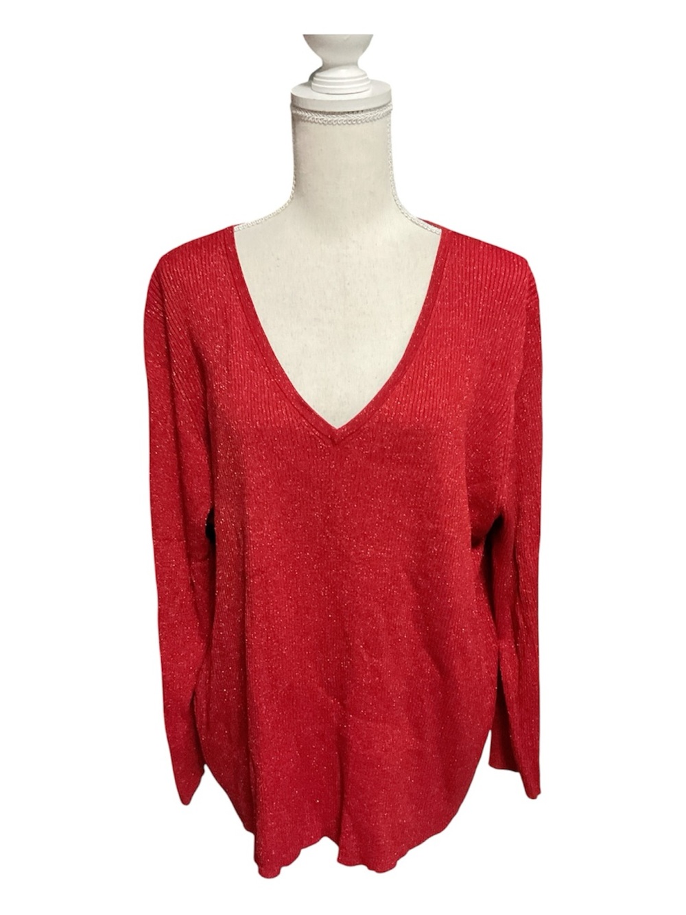 Sandra King Woman Metallic Red V Neck Long Sleeve Silk blend Sweater Size 2X